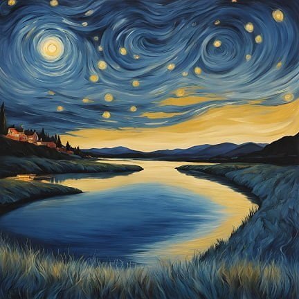 A river at night with a small town on its banks and a starry sky above