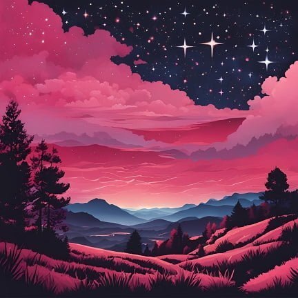 Blue mountains visible from hills under a rose-coloured sky