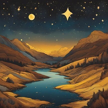 River running through rocky hills in night
