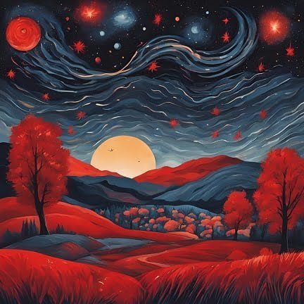 Vermillion coloured Trees, landscape and mountains at night